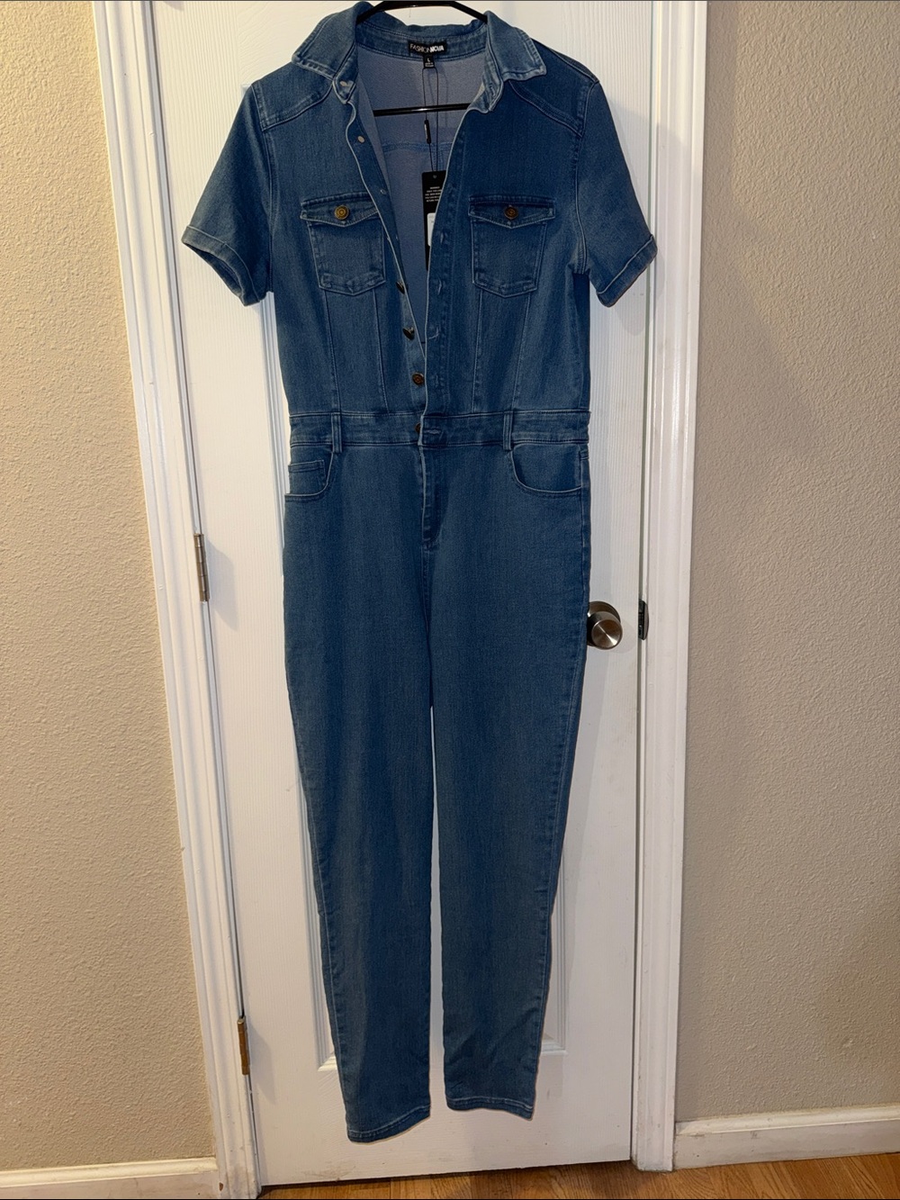 Fashion Nova Blue Short-Sleeve Denim Jumpsuit